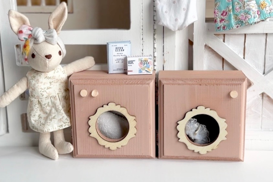 DIY Dollhouse Washer and Dryer from Wooden Jewelry Boxes (With FREE Laundry Printables!)