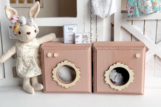 DIY Dollhouse Washer and Dryer from Wooden Jewelry Boxes (With FREE Laundry Printables!)